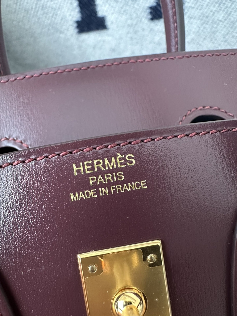 Birkin 25cm New Style with External Stitching in Imported Box Calfskin, CC55 Rough H Hermes Red with Gold Hardware