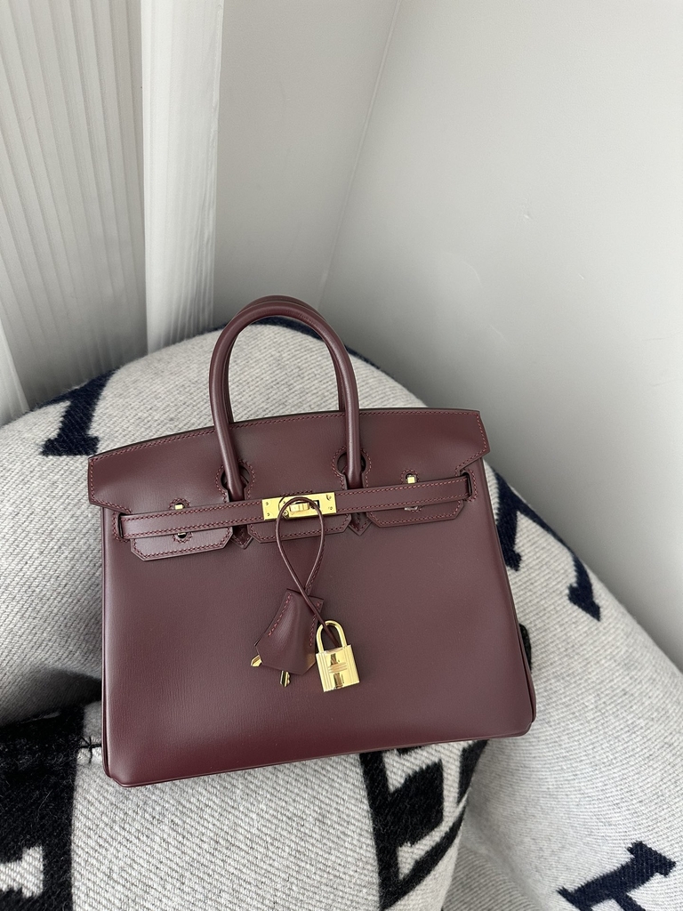 Birkin 25cm New Style with External Stitching in Imported Box Calfskin, CC55 Rough H Hermes Red with Gold Hardware
