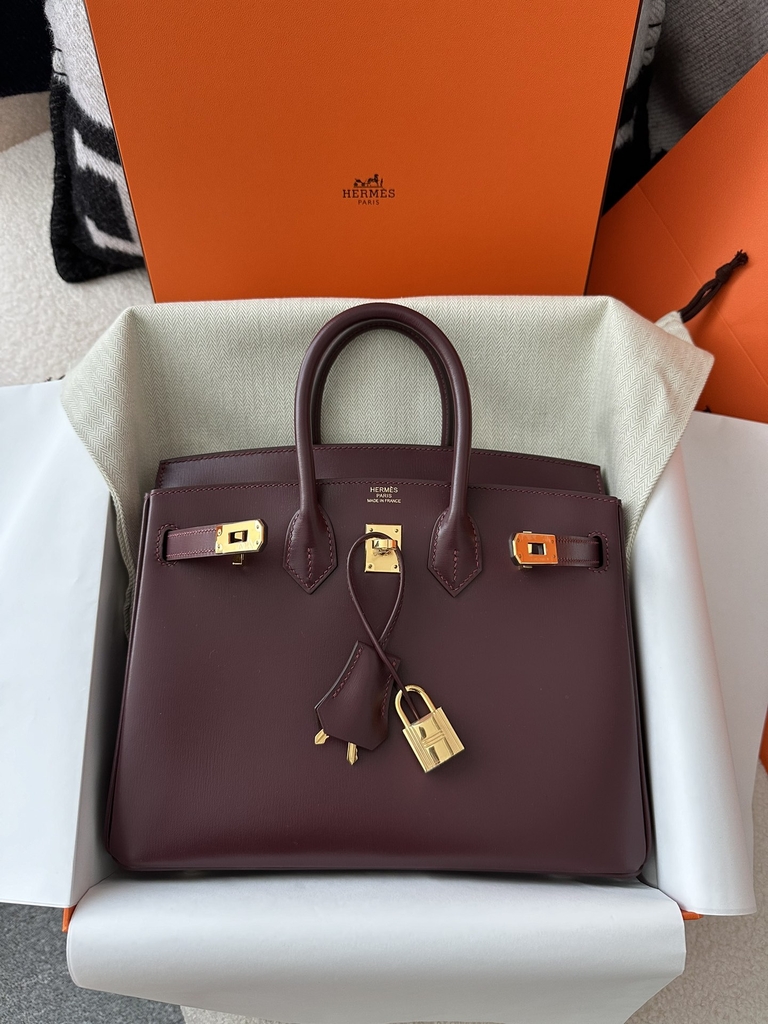 Birkin 25cm New Style with External Stitching in Imported Box Calfskin, CC55 Rough H Hermes Red with Gold Hardware