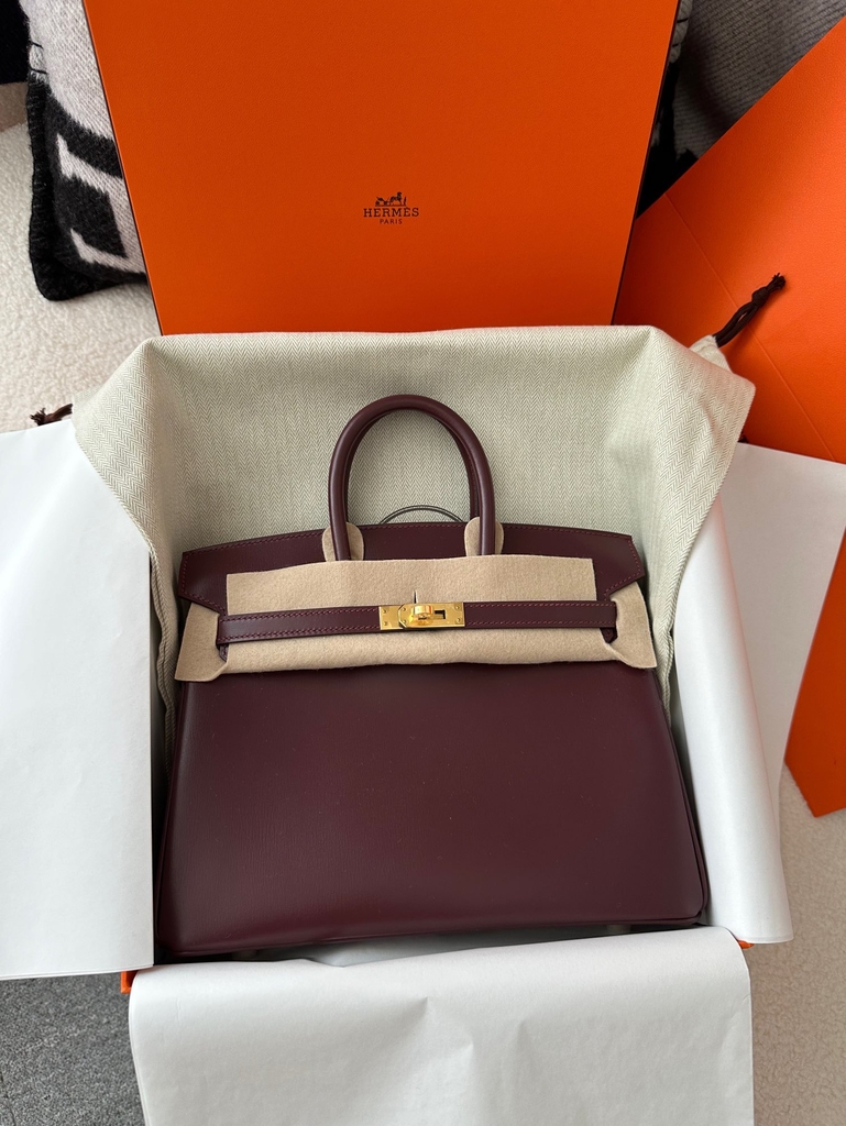 Birkin 25cm New Style with External Stitching in Imported Box Calfskin, CC55 Rough H Hermes Red with Gold Hardware