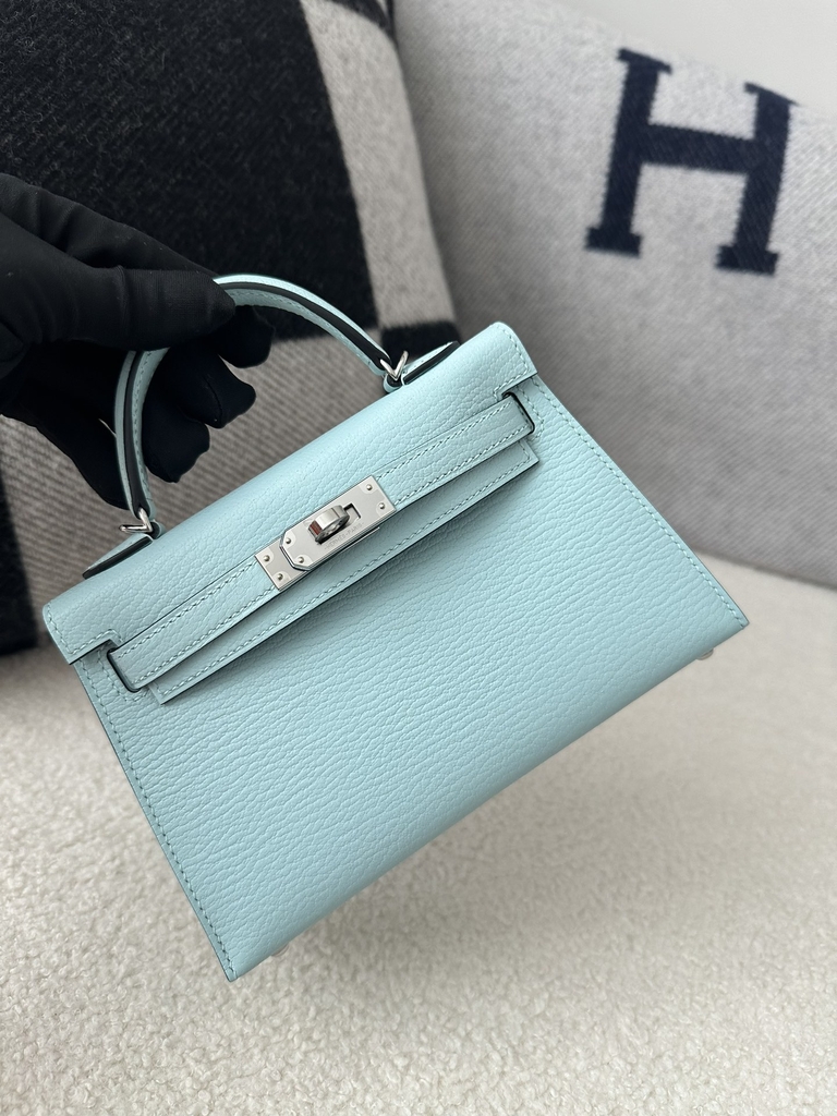 Kelly Mini II Second Generation in Imported Evercolor Goatskin, U2 Bleu Zephyr with Silver Hardware