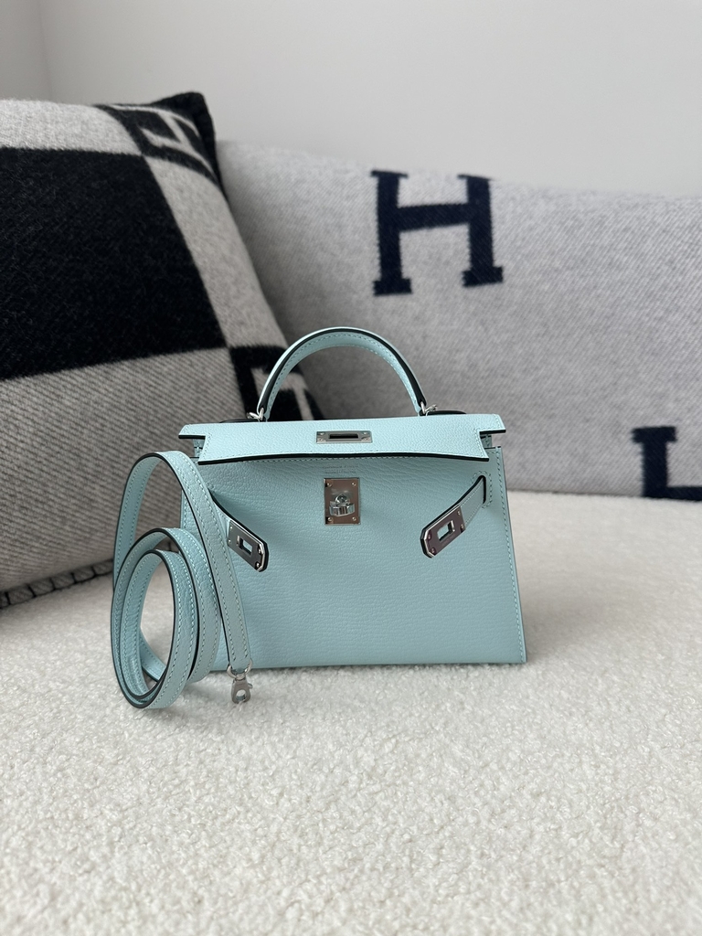 Kelly Mini II Second Generation in Imported Evercolor Goatskin, U2 Bleu Zephyr with Silver Hardware