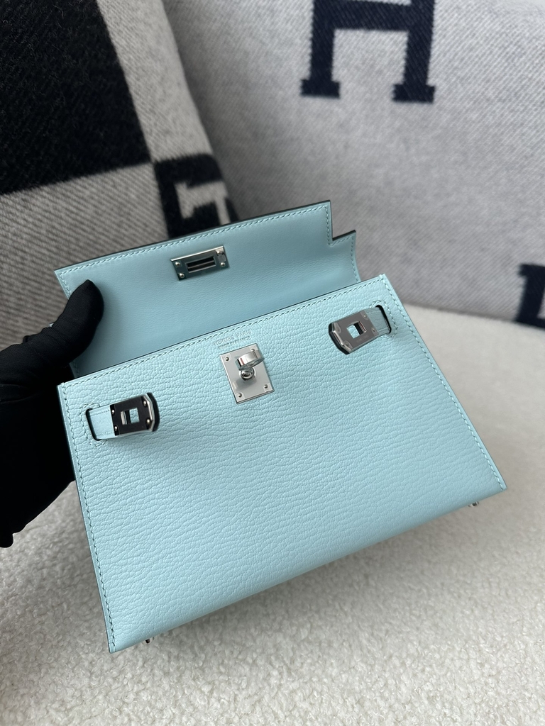 Kelly Mini II Second Generation in Imported Evercolor Goatskin, U2 Bleu Zephyr with Silver Hardware