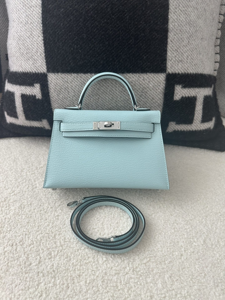Kelly Mini II Second Generation in Imported Evercolor Goatskin, U2 Bleu Zephyr with Silver Hardware