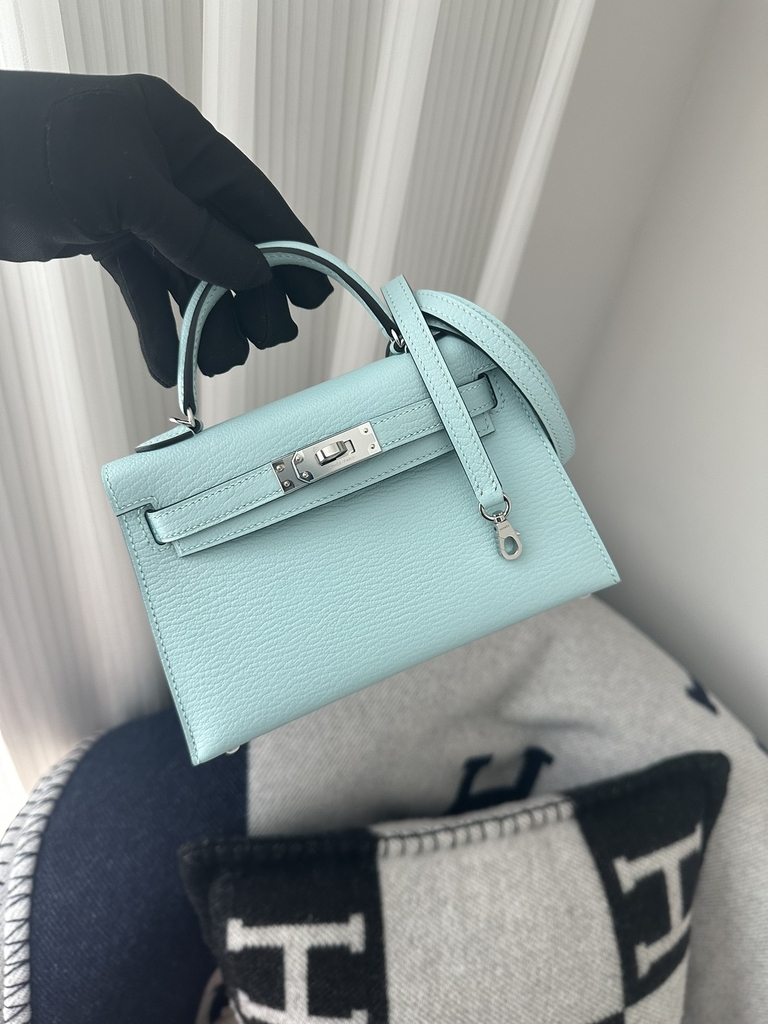 Kelly Mini II Second Generation in Imported Evercolor Goatskin, U2 Bleu Zephyr with Silver Hardware