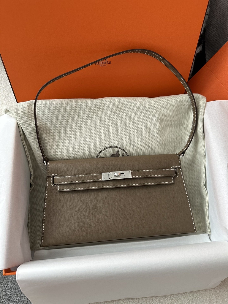 Kelly Elan 27cm New Style Shoulder Bag in Imported Madame Leather, CK18 Etoupe Grey with Silver Hardware