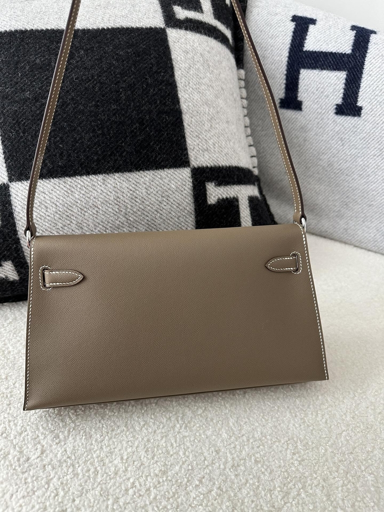 Kelly Elan 27cm New Style Shoulder Bag in Imported Madame Leather, CK18 Etoupe Grey with Silver Hardware