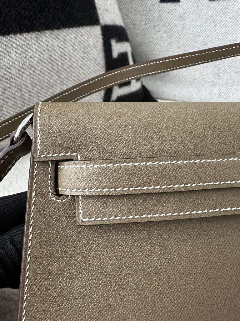 Kelly Elan 27cm New Style Shoulder Bag in Imported Madame Leather, CK18 Etoupe Grey with Silver Hardware