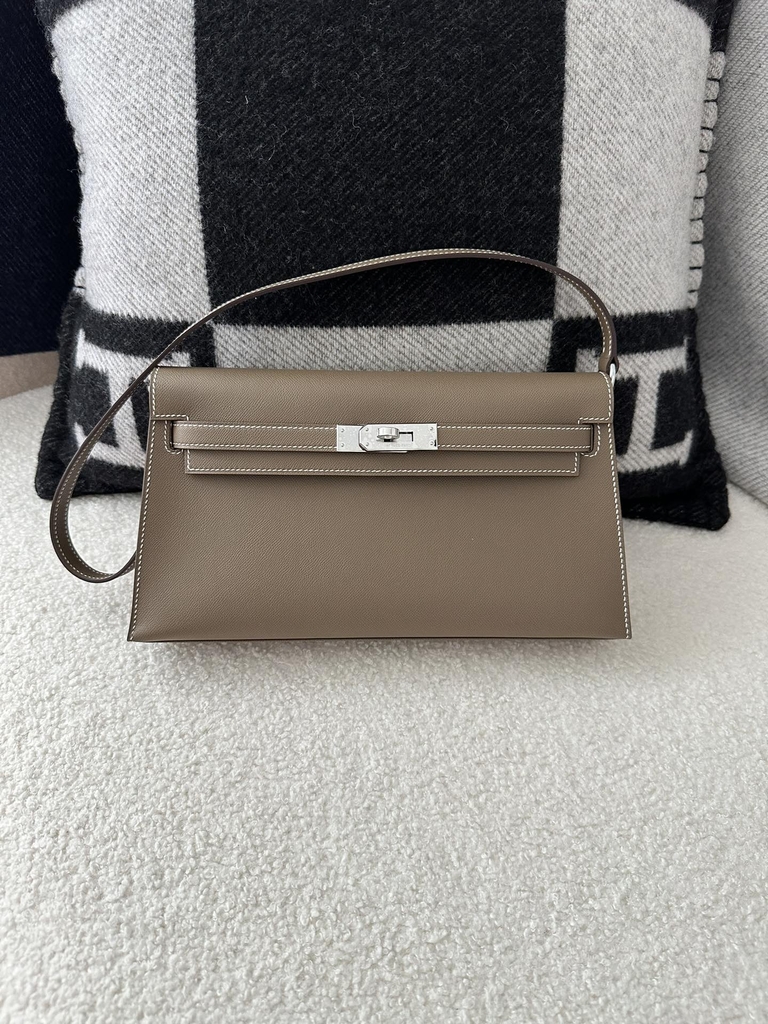 Kelly Elan 27cm New Style Shoulder Bag in Imported Madame Leather, CK18 Etoupe Grey with Silver Hardware