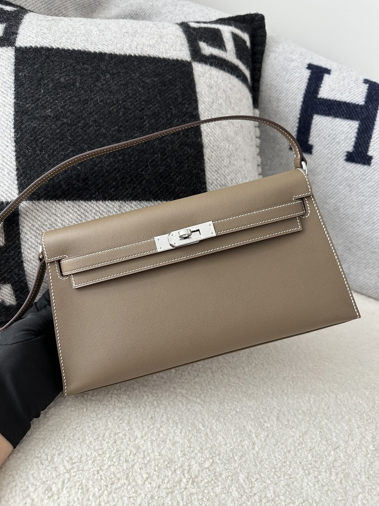 Kelly Elan 27cm New Style Shoulder Bag in Imported Madame Leather, CK18 Etoupe Grey with Silver Hardware
