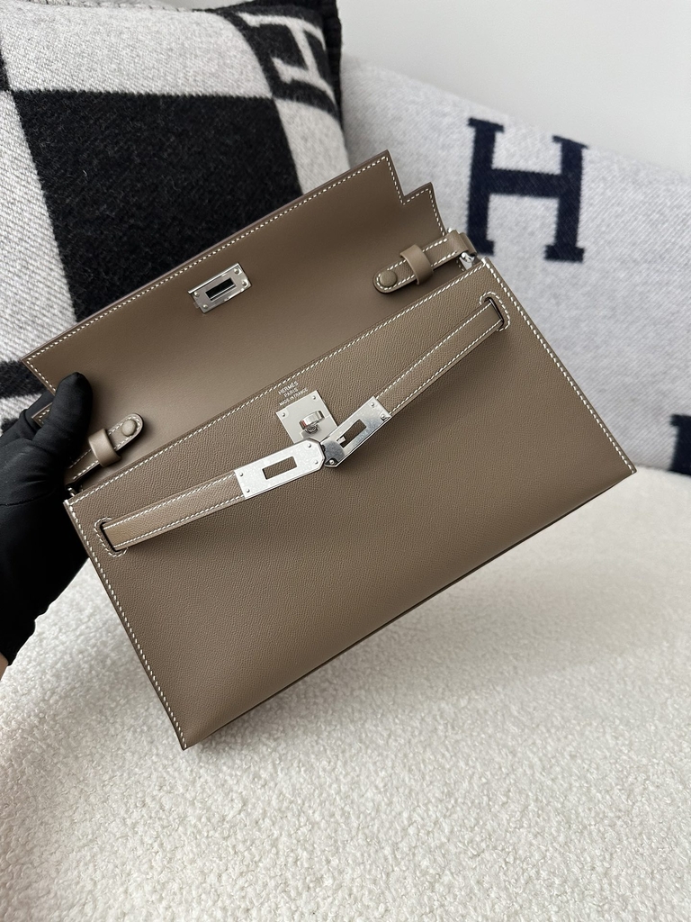 Kelly Elan 27cm New Style Shoulder Bag in Imported Madame Leather, CK18 Etoupe Grey with Silver Hardware