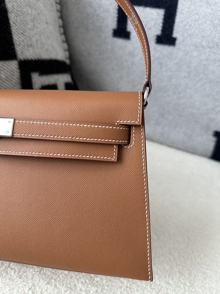 Kelly Elan 27cm New Style Shoulder Bag in Imported Madame Leather, CK37 Gold with Silver Hardware