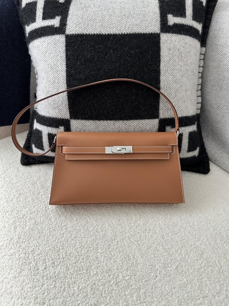 Kelly Elan 27cm New Style Shoulder Bag in Imported Madame Leather, CK37 Gold with Silver Hardware