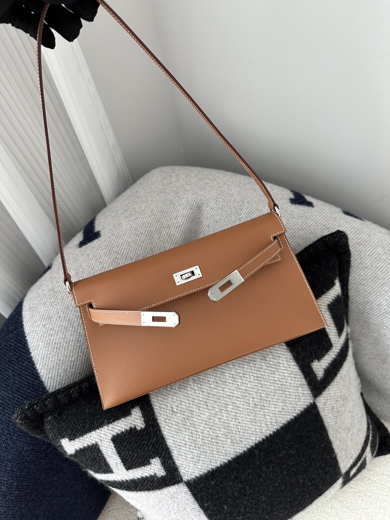 Kelly Elan 27cm New Style Shoulder Bag in Imported Madame Leather, CK37 Gold with Silver Hardware