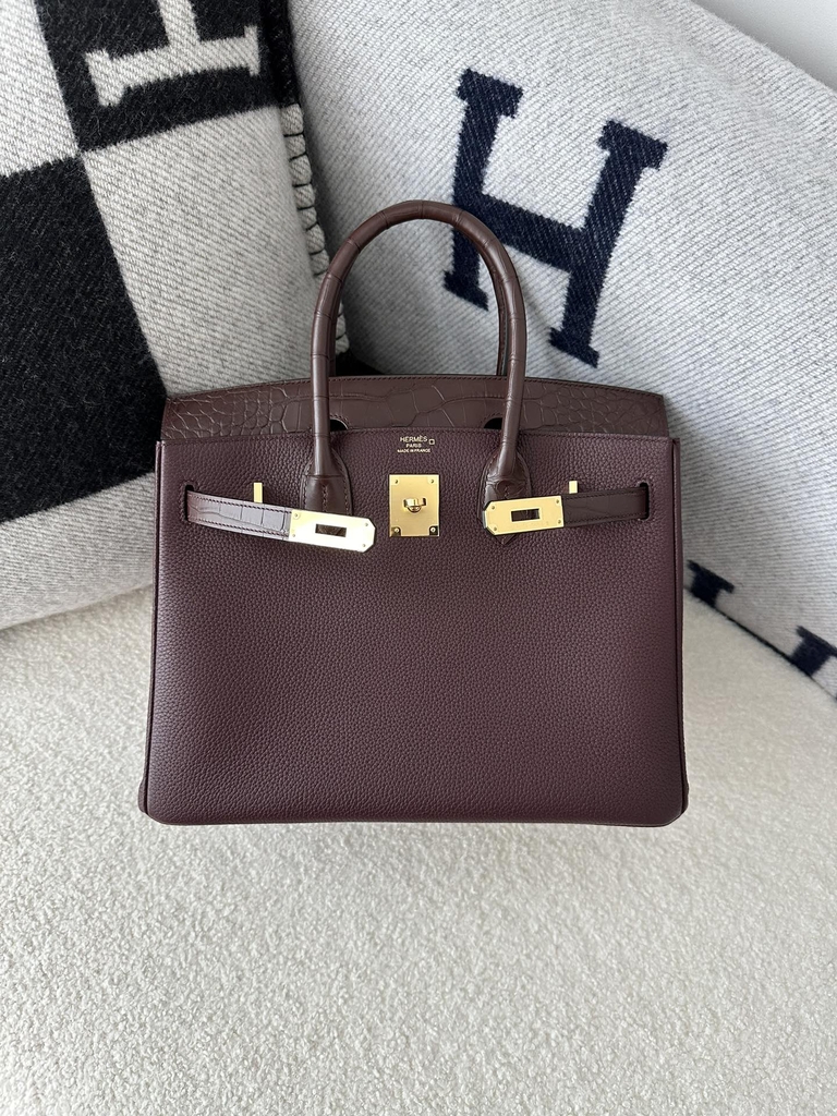 Birkin 30cm Touch in Matte Alligator Crocodile and Imported Togo Calfskin, 0G Rouge Sellier with Gold Hardware
