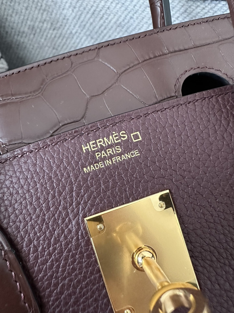 Birkin 30cm Touch in Matte Alligator Crocodile and Imported Togo Calfskin, 0G Rouge Sellier with Gold Hardware