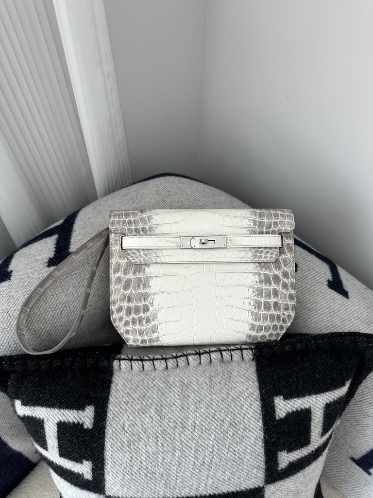 Kelly Depeches Men's Clutch 25cm in Matte Himalaya Crocodile Leather with Silver Hardware