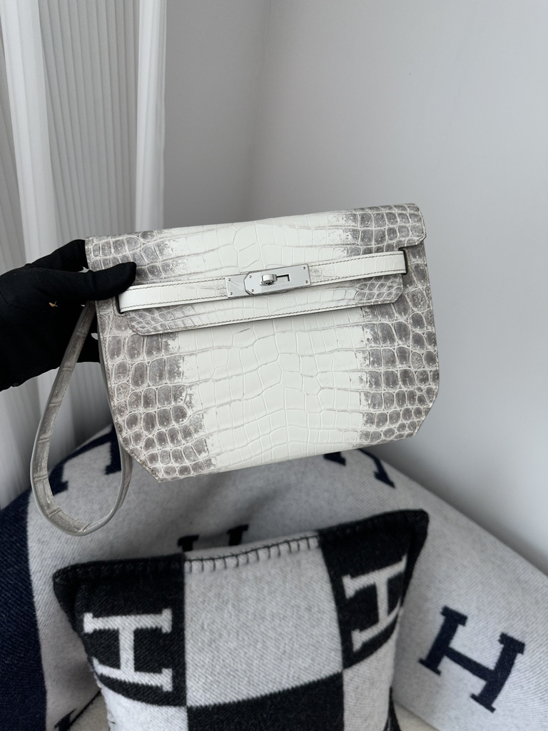 Kelly Depeches Men's Clutch 25cm in Matte Himalaya Crocodile Leather with Silver Hardware