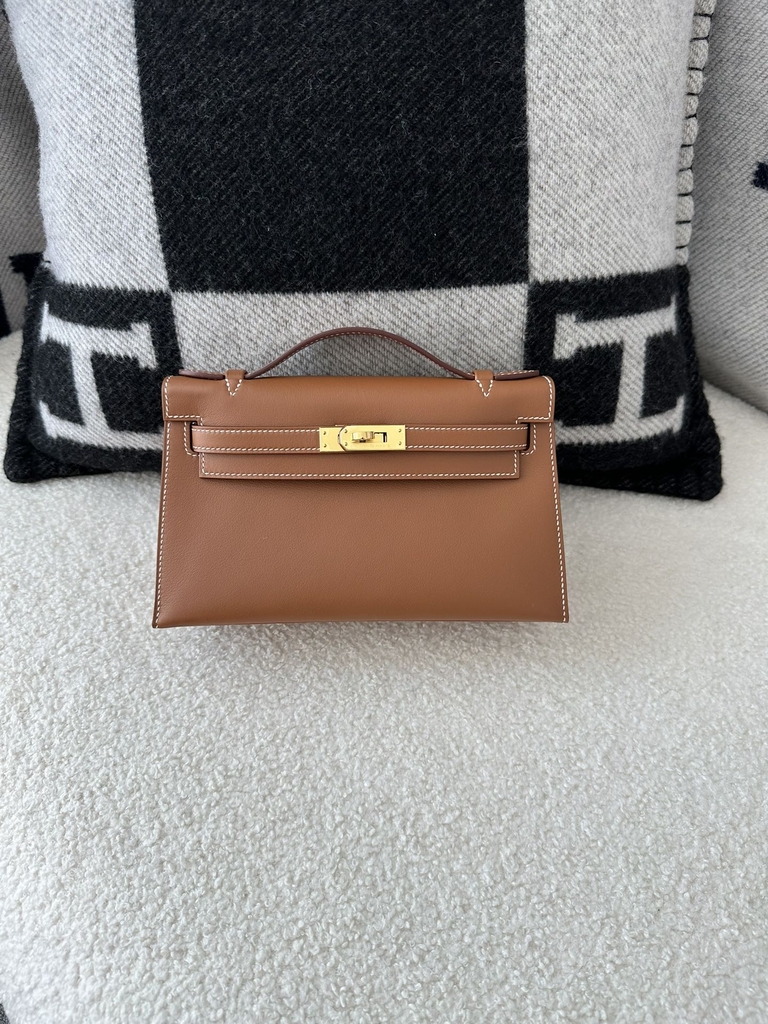 Kelly Pochette 22cm Swift  Calfskin Leather CC37 Gold Brown Gold Hardware