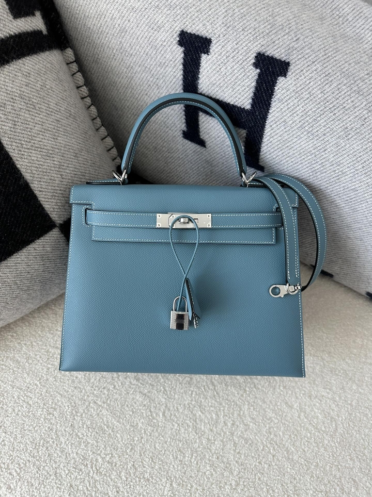 Kelly 28cm Epsom Textured Calfskin Leather D2 New Blue Jean Denim Blue Silver Hardware