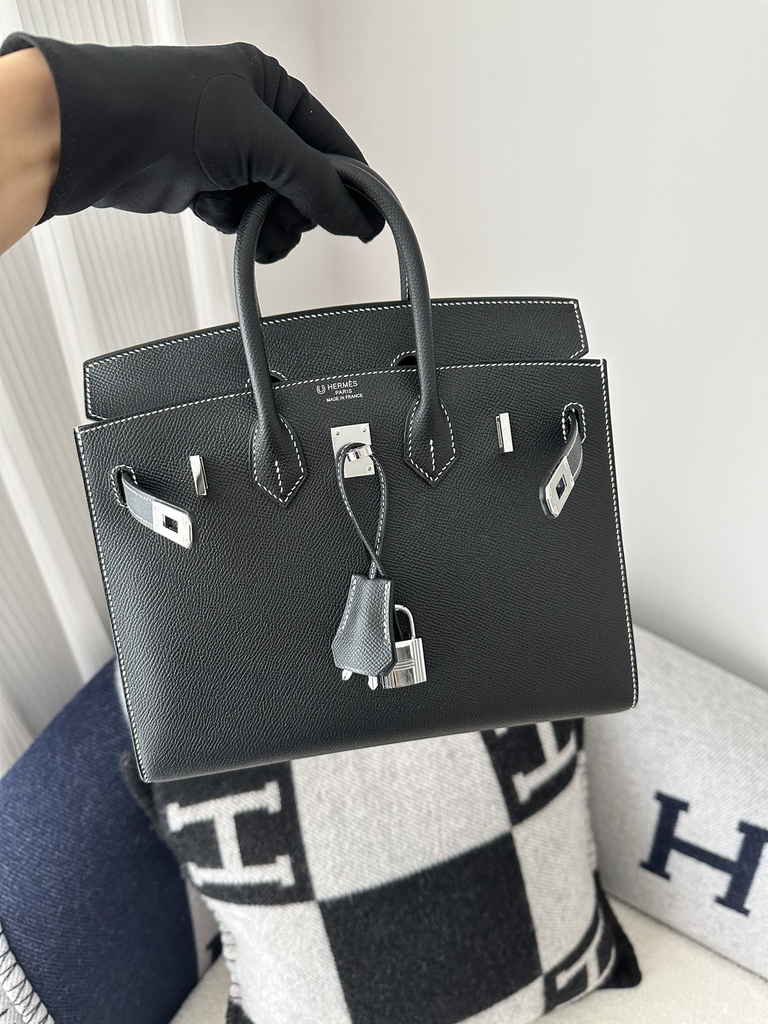 Birkin 25cm Epsom Textured Calfskin Leather CK89 Noir Black Silver Hardware White Stitching Horseshoe Logo