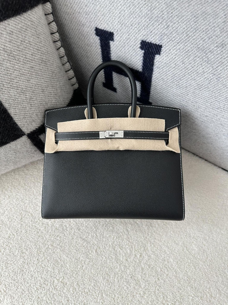 Birkin 25cm Epsom Textured Calfskin Leather CK89 Noir Black Silver Hardware White Stitching Horseshoe Logo