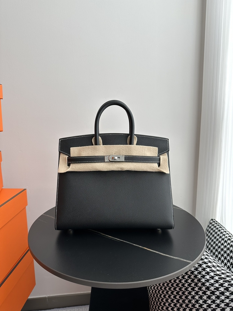 Birkin 25cm Epsom Textured Calfskin Leather CK89 Noir Black Silver Hardware White Stitching Horseshoe Logo