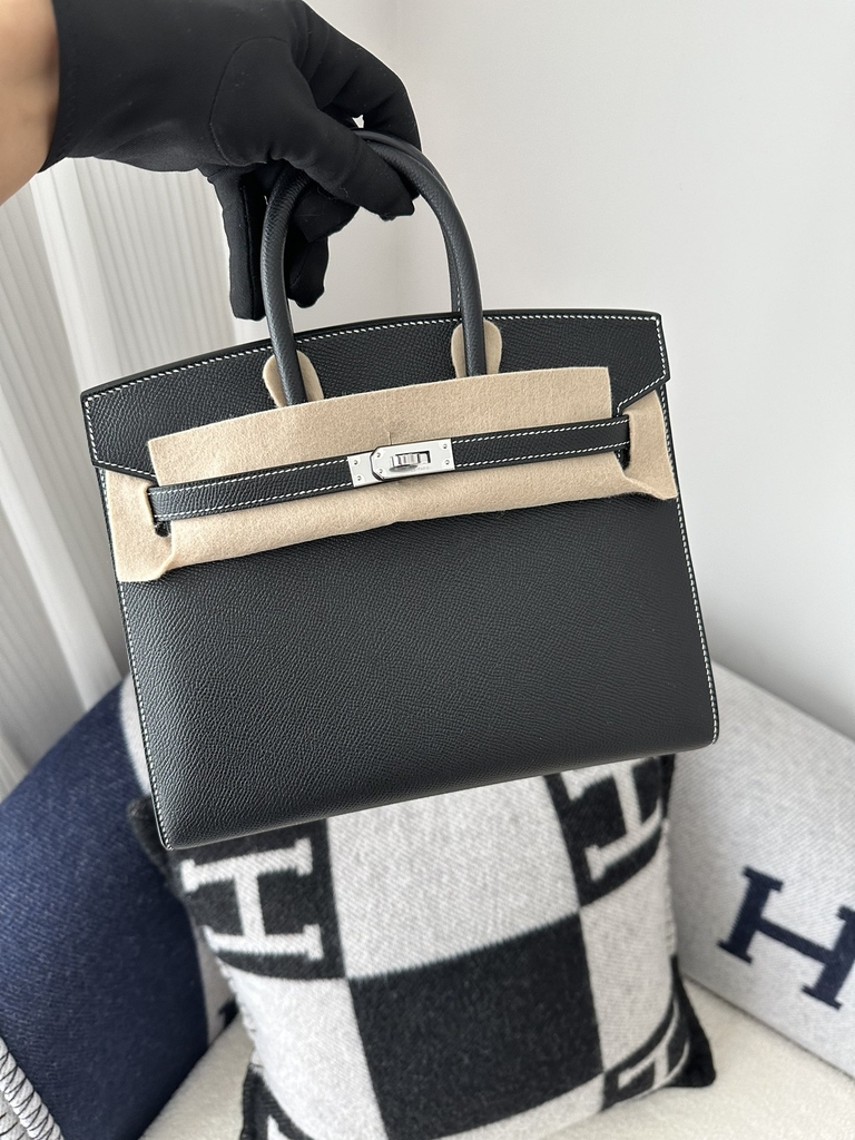 Birkin 25cm Epsom Textured Calfskin Leather CK89 Noir Black Silver Hardware White Stitching Horseshoe Logo