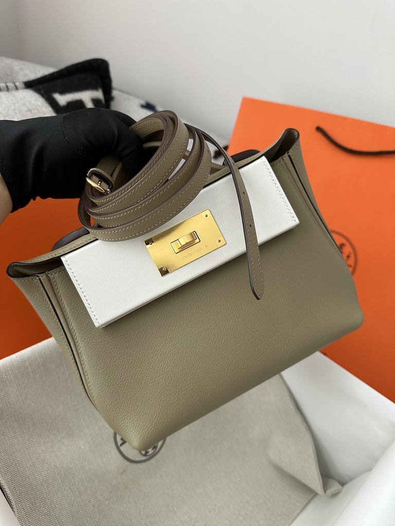 2424 Mini 21cm in Imported Evercolor and Swift Leather, 8Q Beige Marfa and M4 Gris Pale with Gold Hardware