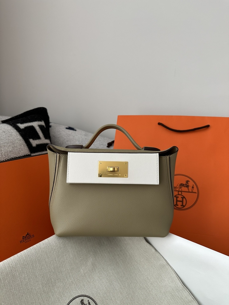 2424 Mini 21cm in Imported Evercolor and Swift Leather, 8Q Beige Marfa and M4 Gris Pale with Gold Hardware