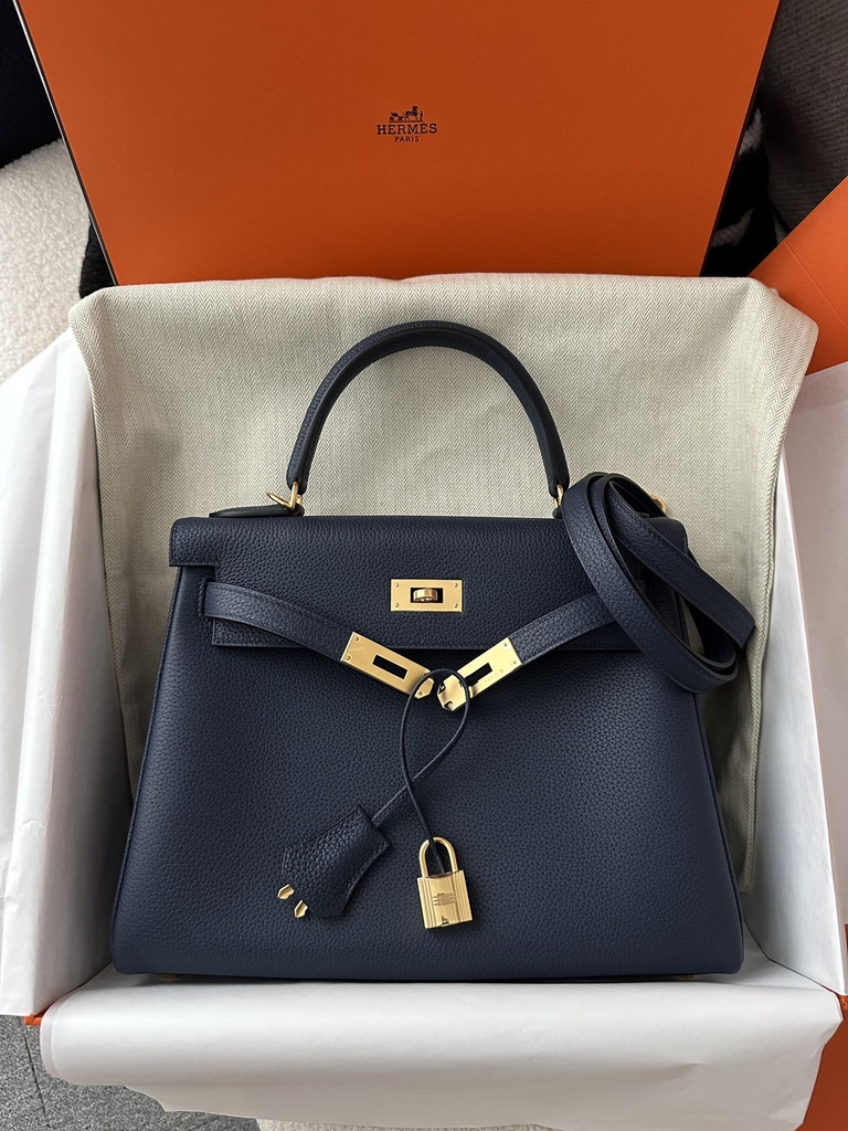 Kelly 28cm Togo Calfskin Leather CC73 Bleu Saphir Sapphire Blue Gold Hardware