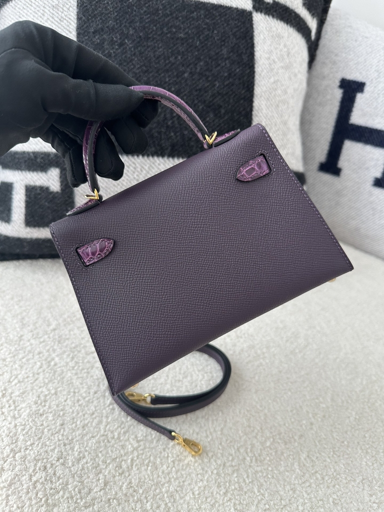 Kelly mini II touch  Shiny Alligator crocodile CC59  Raisin  9G Amethyste  Gold hardware