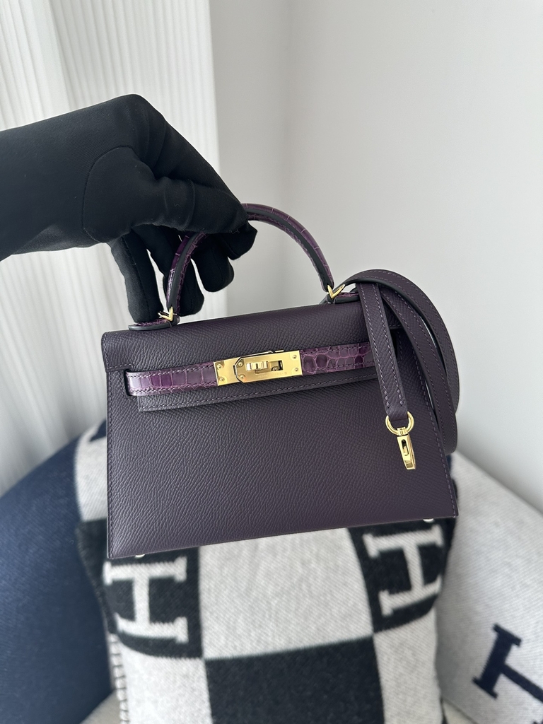 Kelly mini II touch  Shiny Alligator crocodile CC59  Raisin  9G Amethyste  Gold hardware
