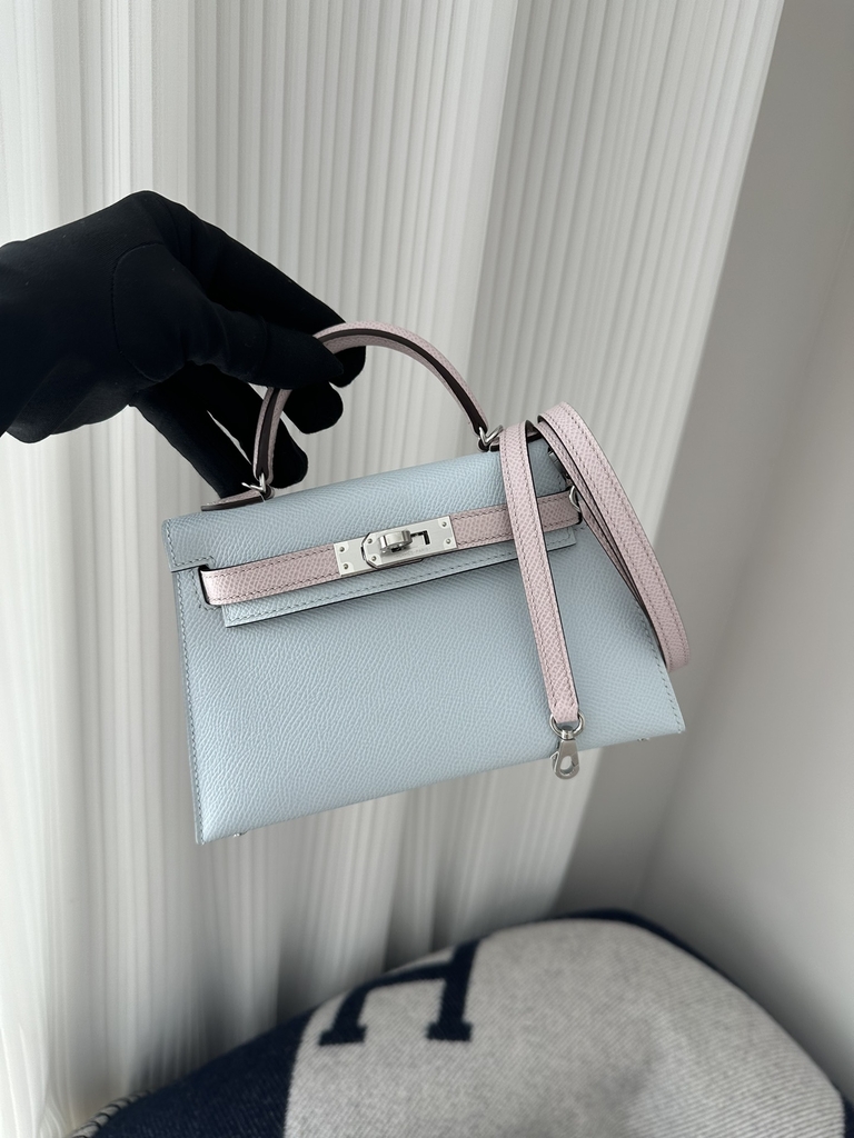 Kelly mini II epsom0 Blue brume 09 Mauve pale silver hardware