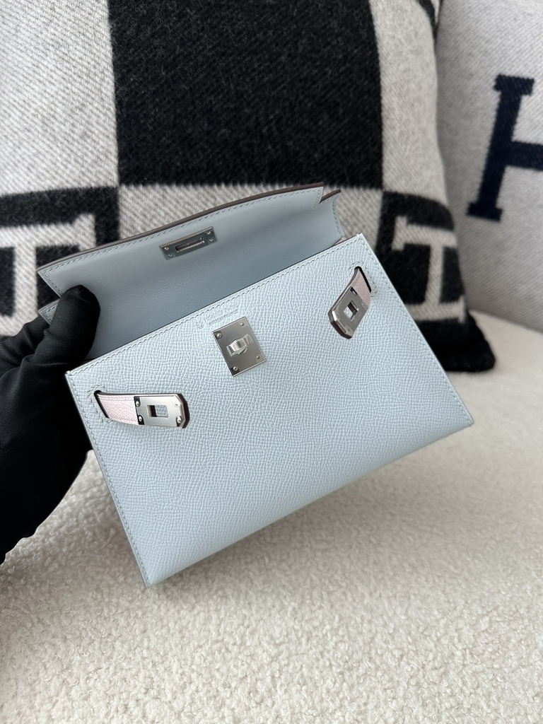 Kelly mini II epsom0 Blue brume 09 Mauve pale silver hardware
