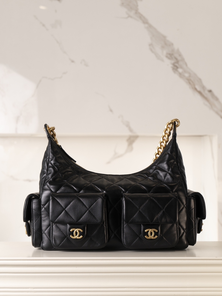 CHANEL 25cm Hobo Bag Black Gold