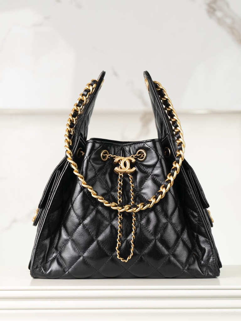 Chanel 25C Small Hobo Drawstring Bucket Bag Black Gold