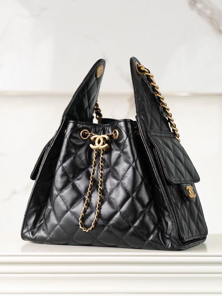Chanel 25C Small Hobo Drawstring Bucket Bag Black Gold