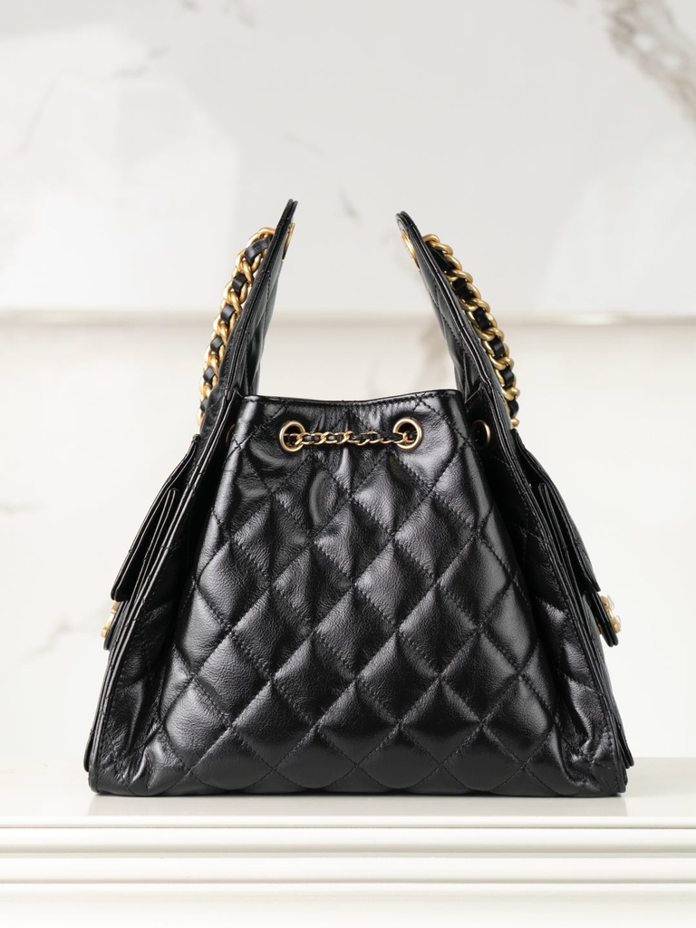 Chanel 25C Small Hobo Drawstring Bucket Bag Black Gold
