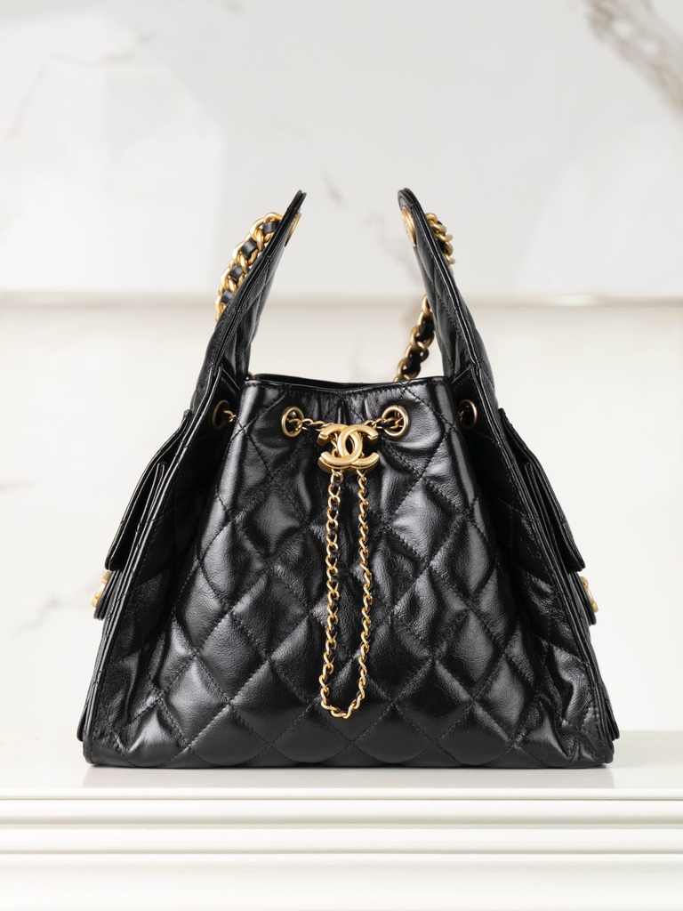 Chanel 25C Small Hobo Drawstring Bucket Bag Black Gold