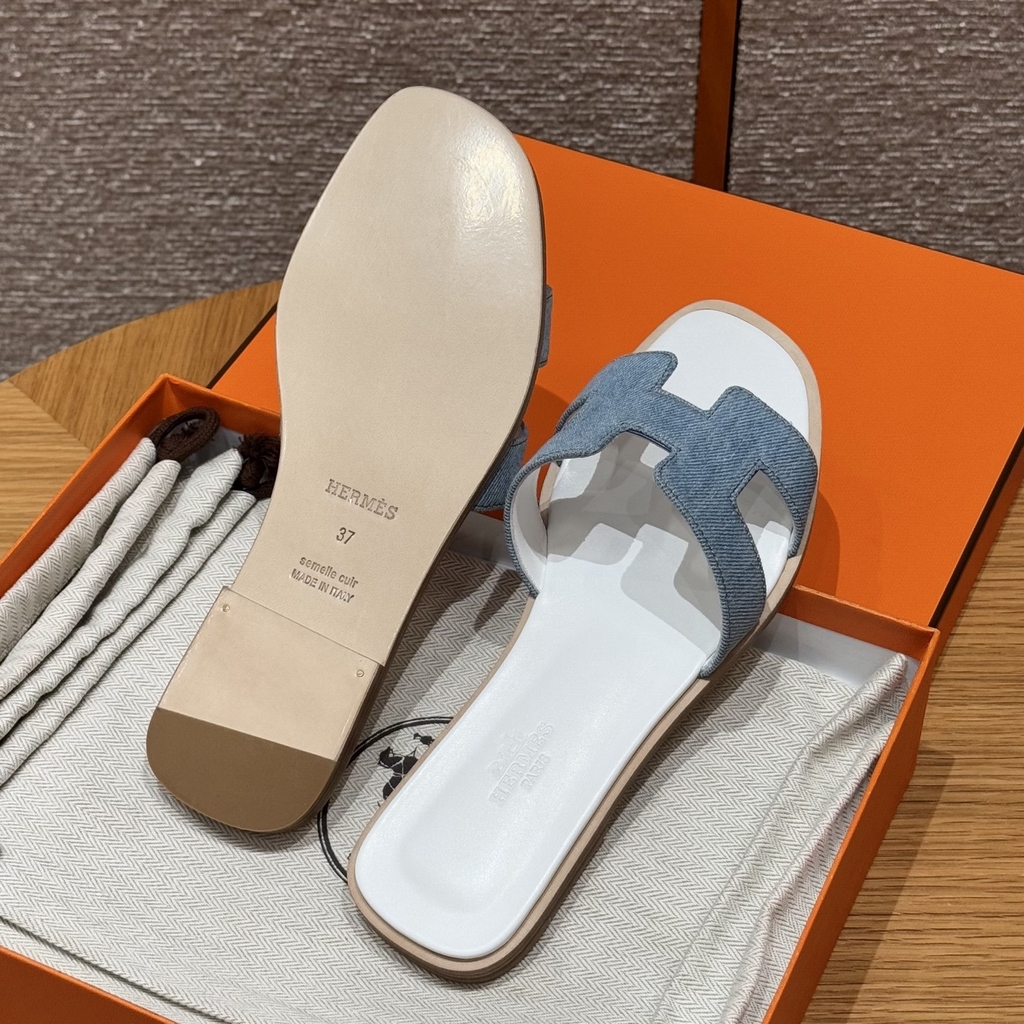 JD-450 - 181 Oran Slippers in Light Blue Denim with Genuine Leather Outsole