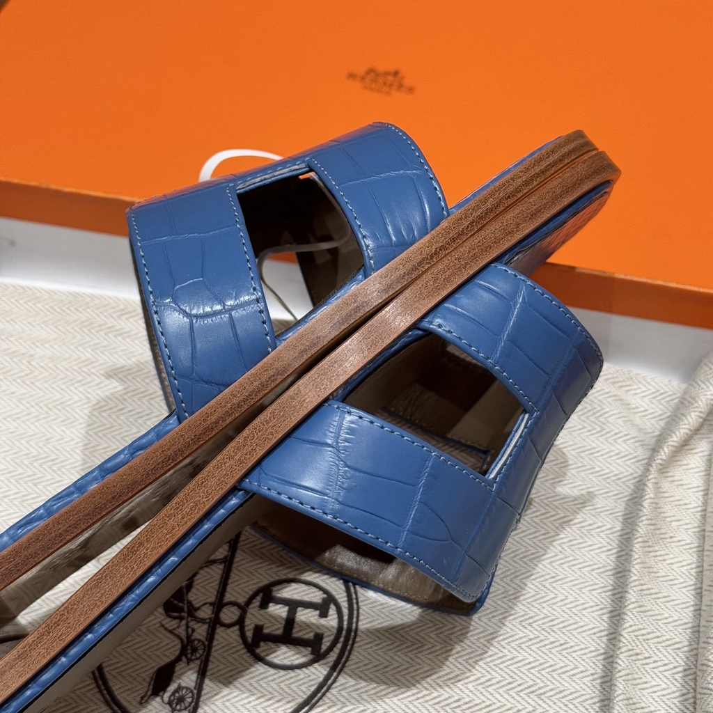 JD-1980 - 181 Oran Slide Sandals in Mykonos Blue Alligator Leather with Genuine Leather Outsole