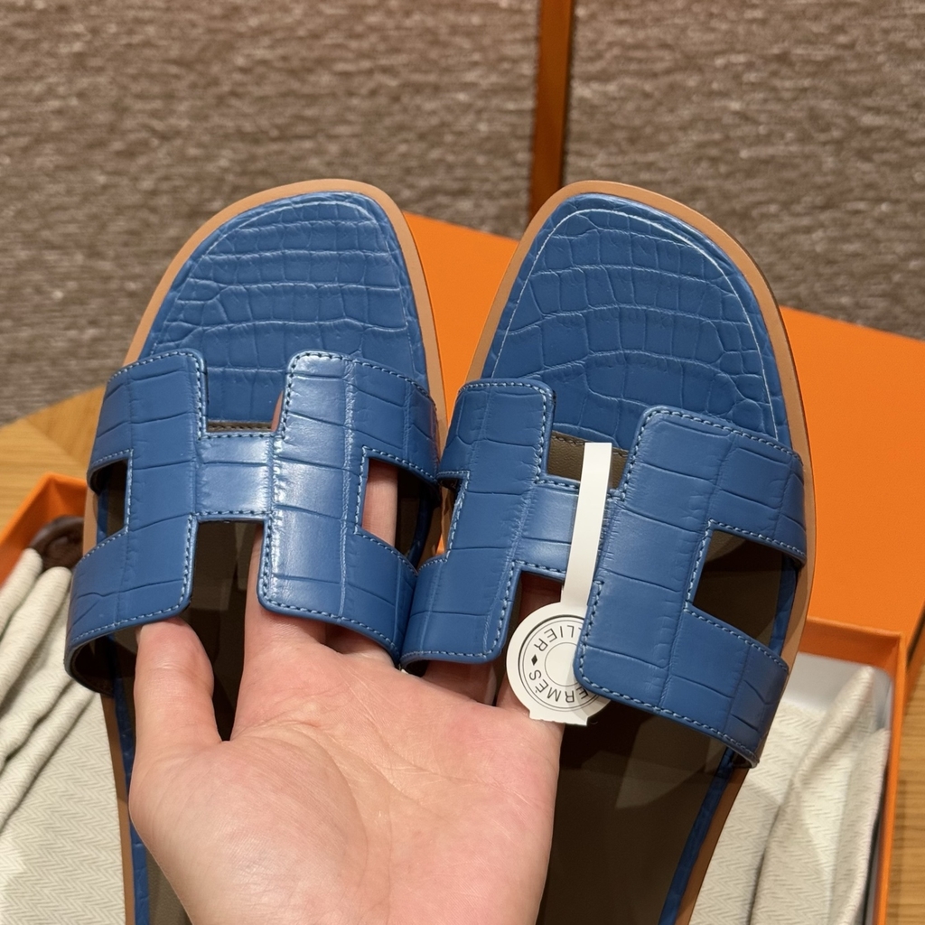 JD-1980 - 181 Oran Slide Sandals in Mykonos Blue Alligator Leather with Genuine Leather Outsole