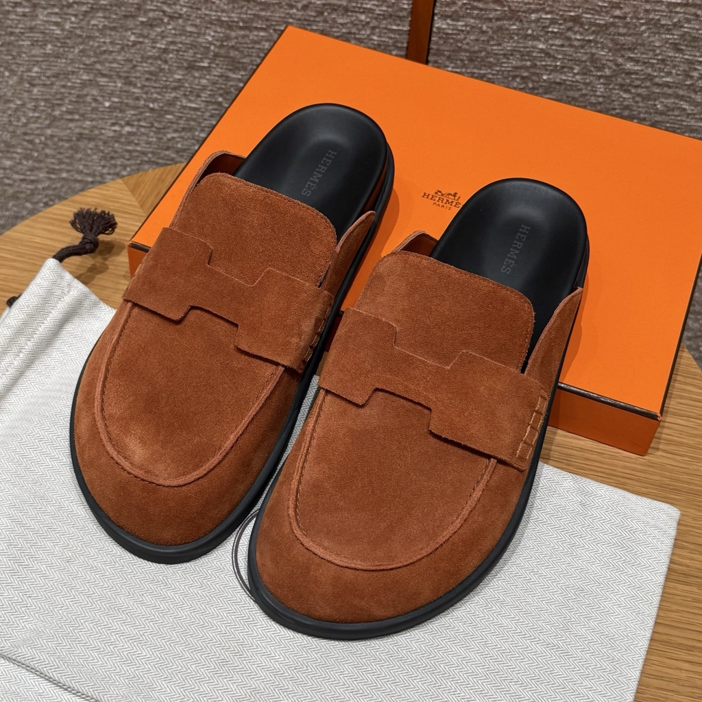 JD 680 Men's Suede Calf Leather Mule Shoes - Marron Teck