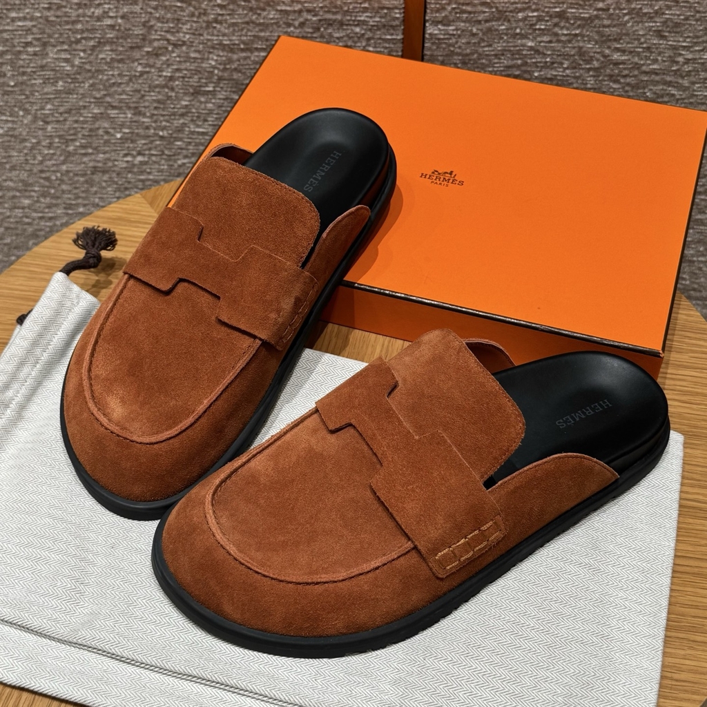 JD 680 Men's Suede Calf Leather Mule Shoes - Marron Teck