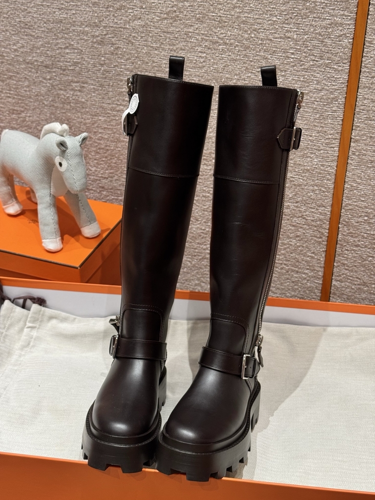 JD 1380 Calfskin Knee High Boots - Dark Brown