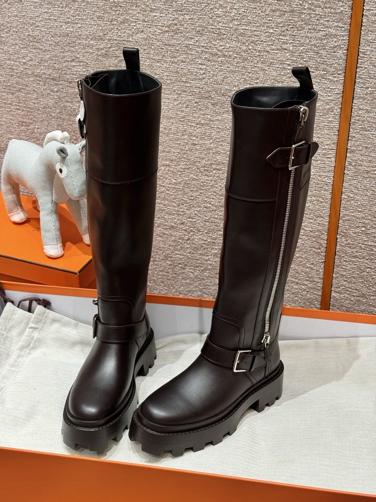 JD 1380 Calfskin Knee High Boots - Dark Brown