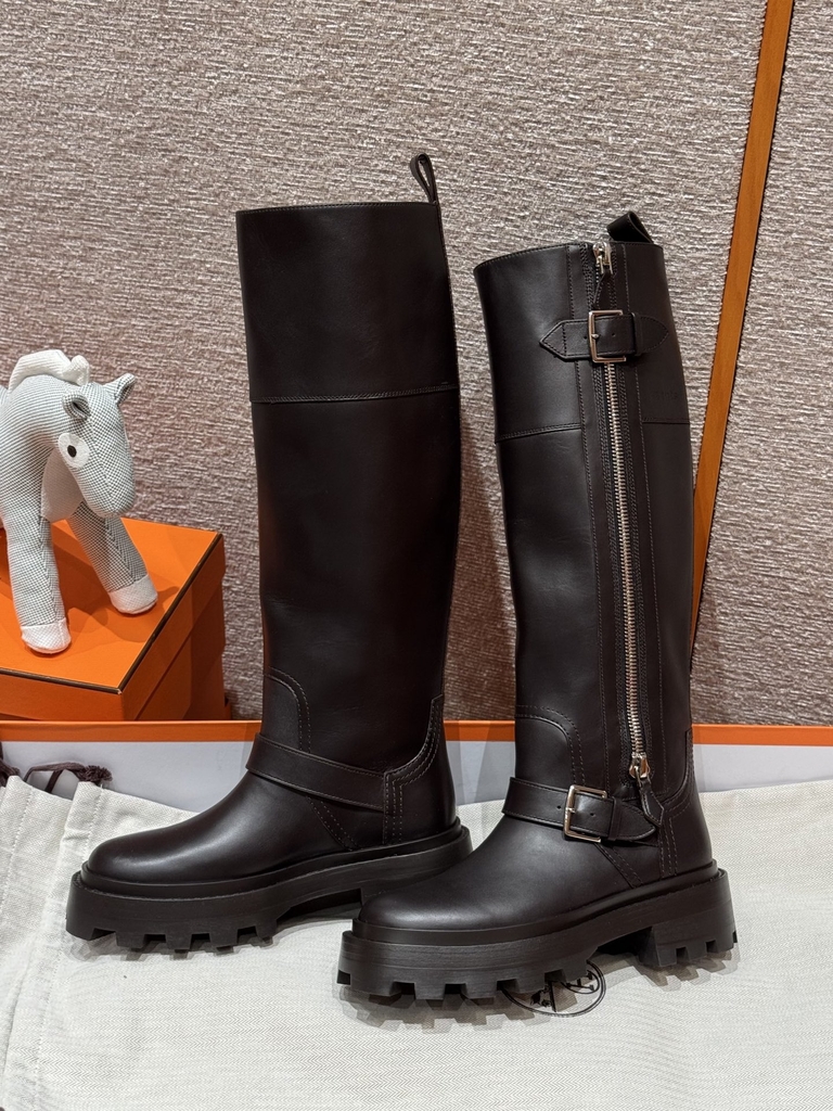 JD 1380 Calfskin Knee High Boots - Dark Brown