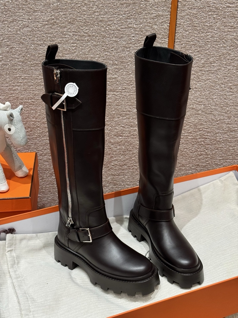 JD 1380 Calfskin Knee High Boots - Dark Brown