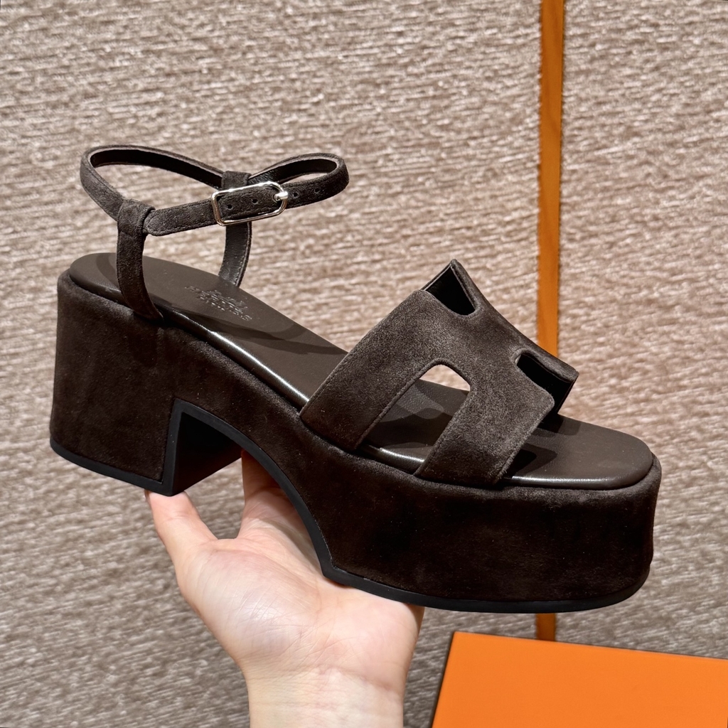 JD-580 - Jam 30 Sandals in Ebony Goat Suede with Rubber Outsole and 7.5cm Heel